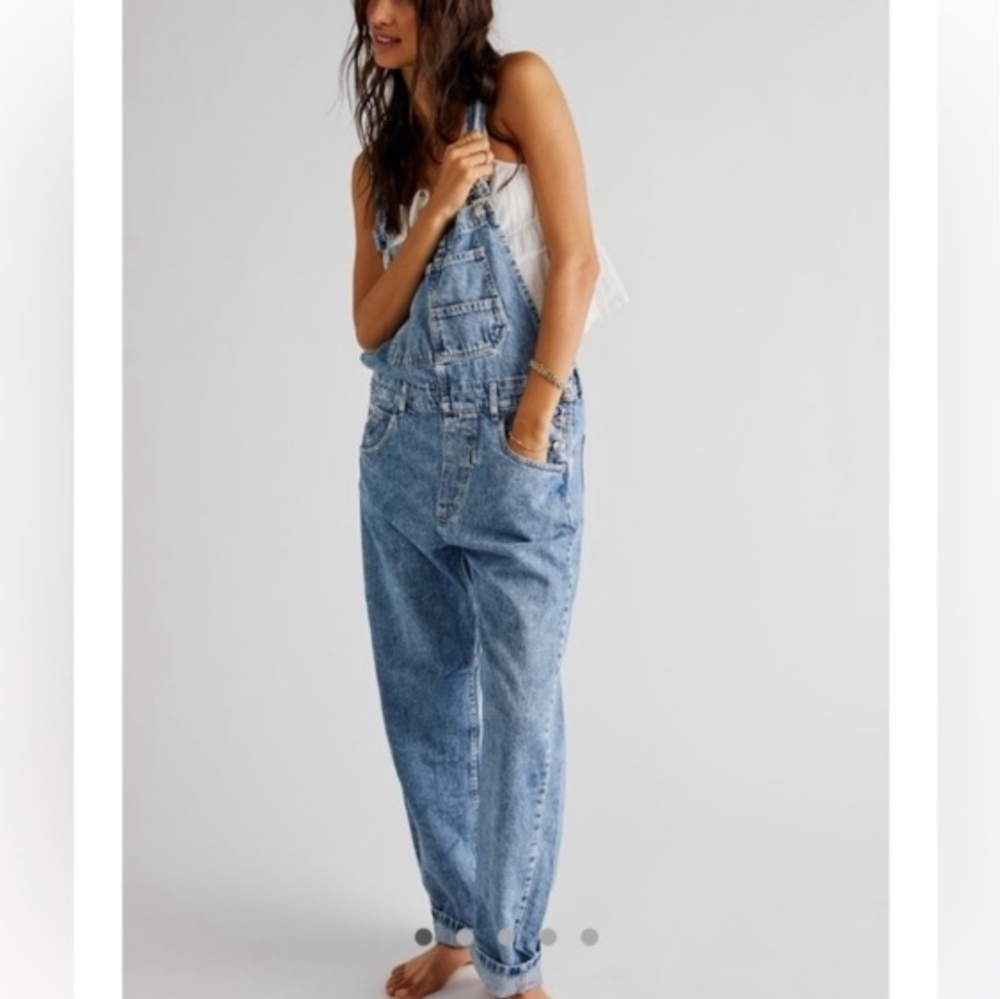 Free People Light Blue Denim Overalls Straight Leg - Picture 2 of 11
